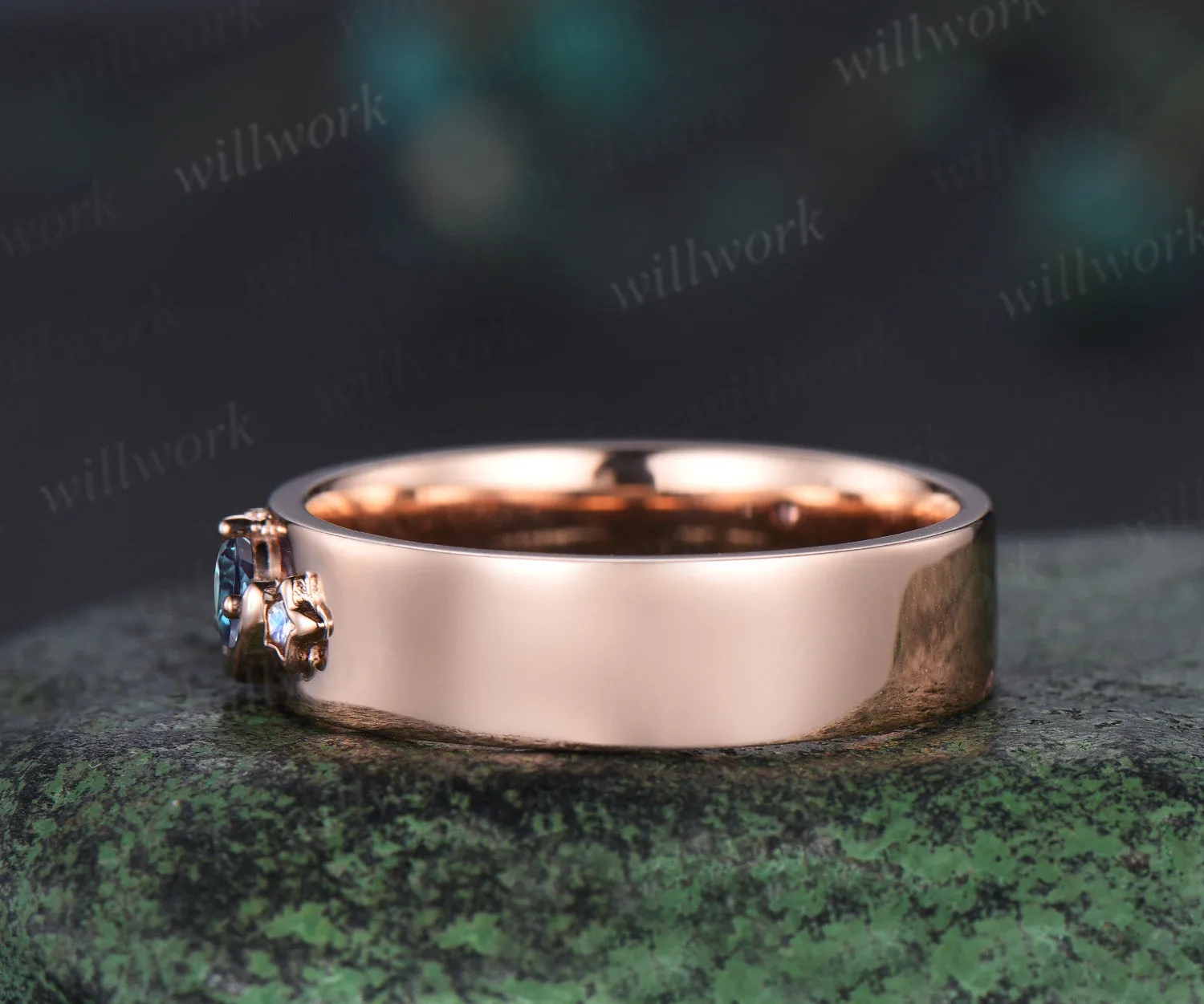 Round cut alexandrite wedding band mens solid 14k rose gold moon star opal moonstone wedding ring gift for husband sold by Willwork Jewelry product image thumbnail 5