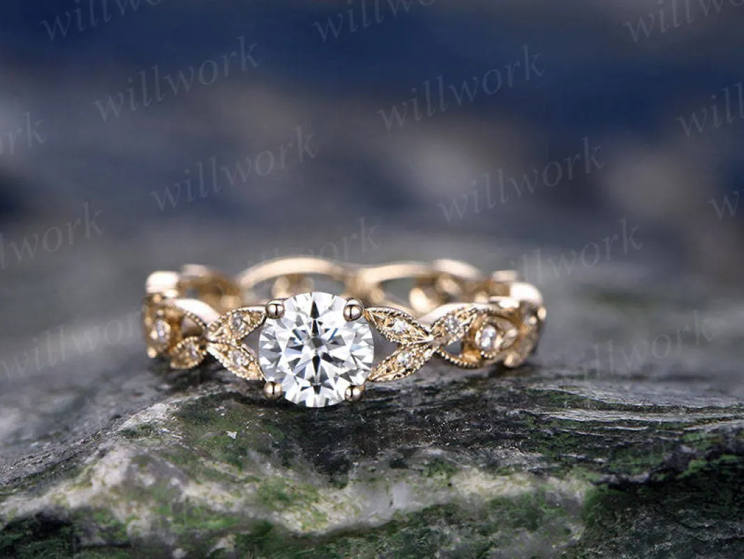 Round Moissanite Engagement Ring Solid 14k Rose Gold Full Eternity Ring 5mm Round Cut Moissanite Flower Unique Antique Gift Bridal Promise Ring sold by Willwork Jewelry