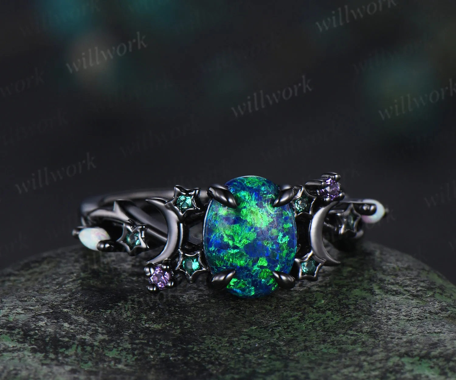 Unique Moon Star Black Opal Engagement Ring Magic Fire Opal Galaxy amethyst Emerald Amethyst ring black gold sold by Willwork Jewelry product image thumbnail 2