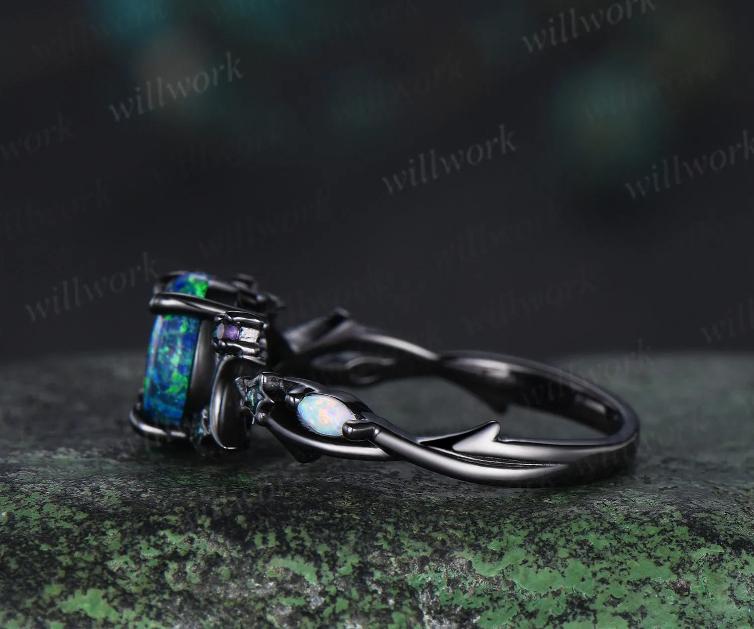 Unique Moon Star Black Opal Engagement Ring Magic Fire Opal Galaxy amethyst Emerald Amethyst ring black gold sold by Willwork Jewelry product image thumbnail 4