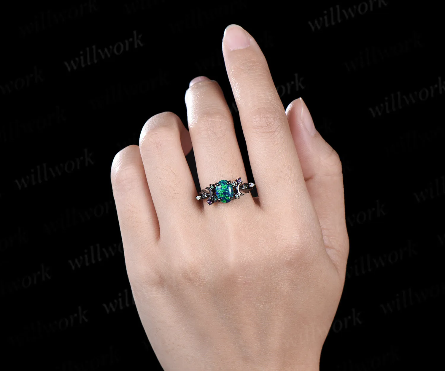 Unique Moon Star Black Opal Engagement Ring Magic Fire Opal Galaxy amethyst Emerald Amethyst ring black gold sold by Willwork Jewelry product image thumbnail 3