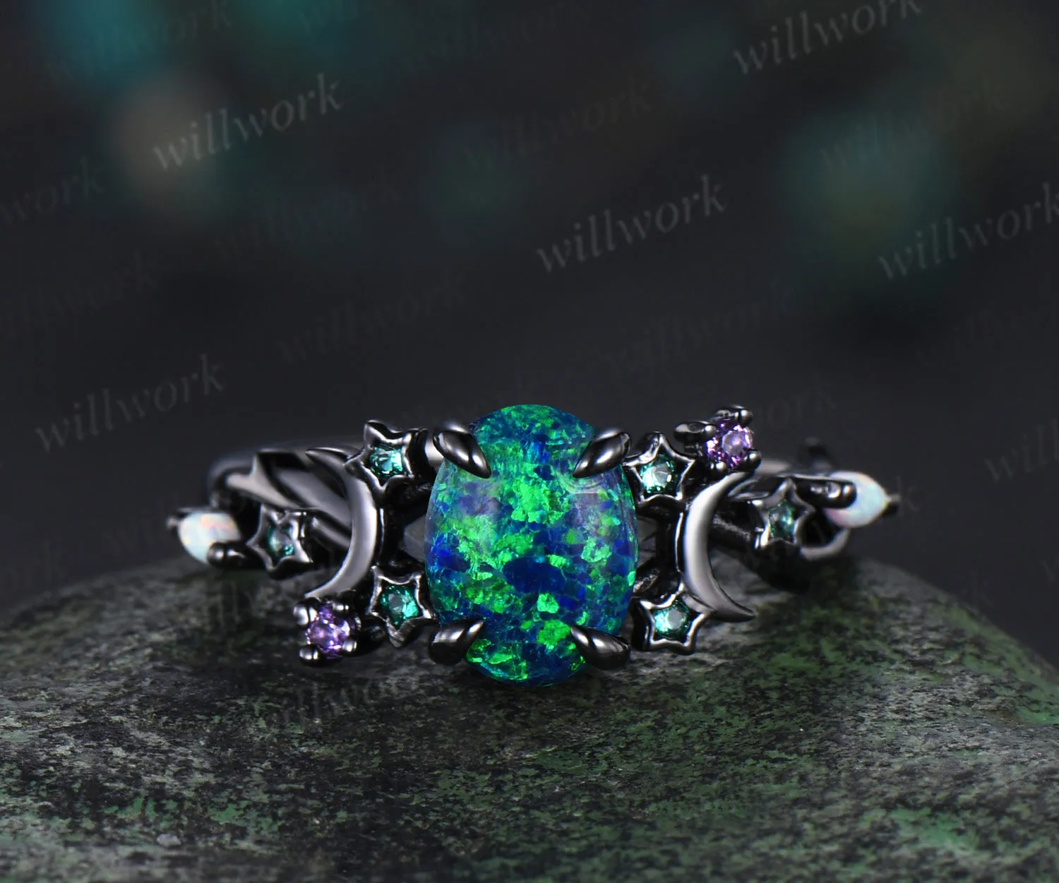 Unique Moon Star Black Opal Engagement Ring Magic Fire Opal Galaxy amethyst Emerald Amethyst ring black gold sold by Willwork Jewelry