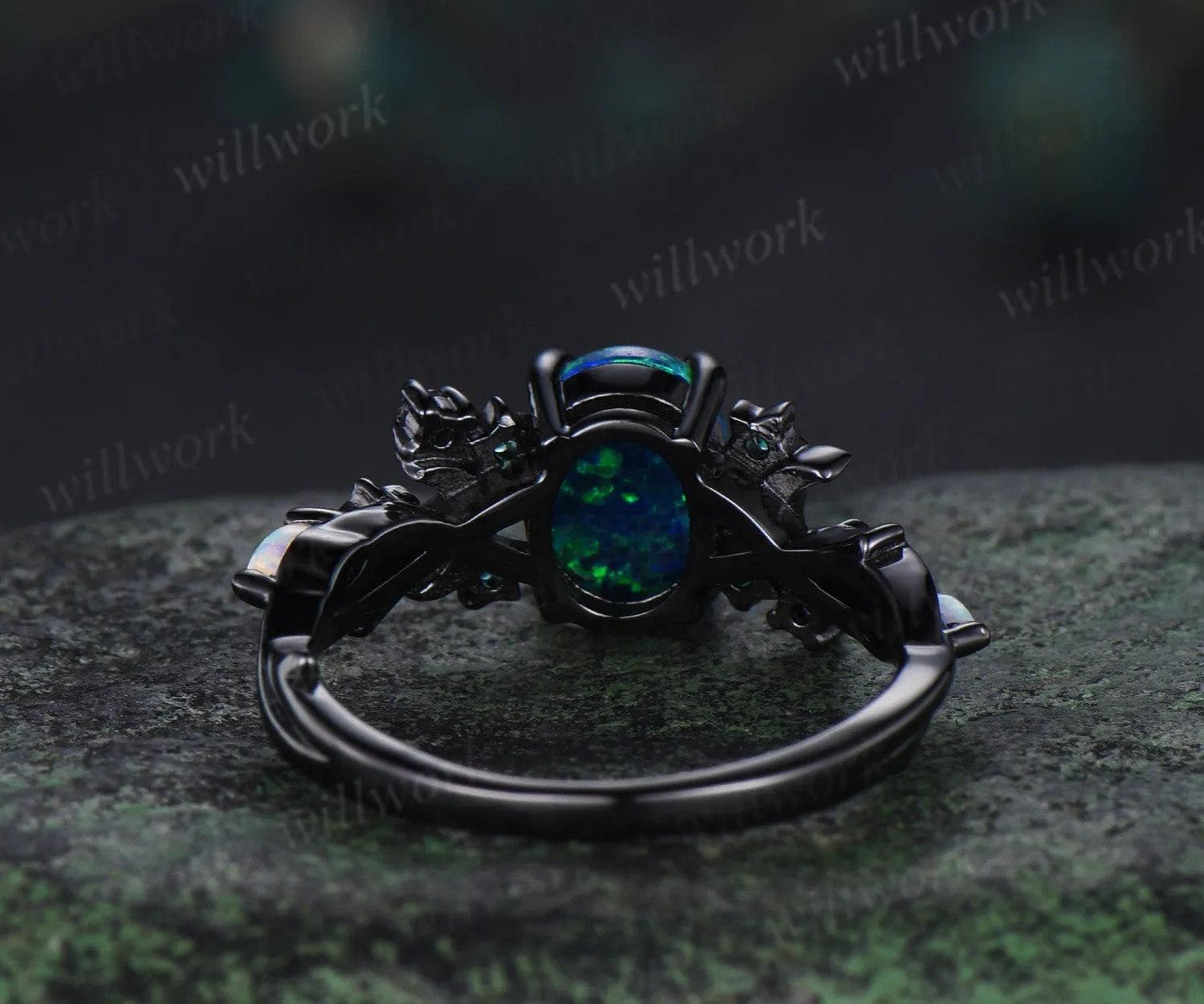 Unique Moon Star Black Opal Engagement Ring Magic Fire Opal Galaxy amethyst Emerald Amethyst ring black gold sold by Willwork Jewelry product image thumbnail 5