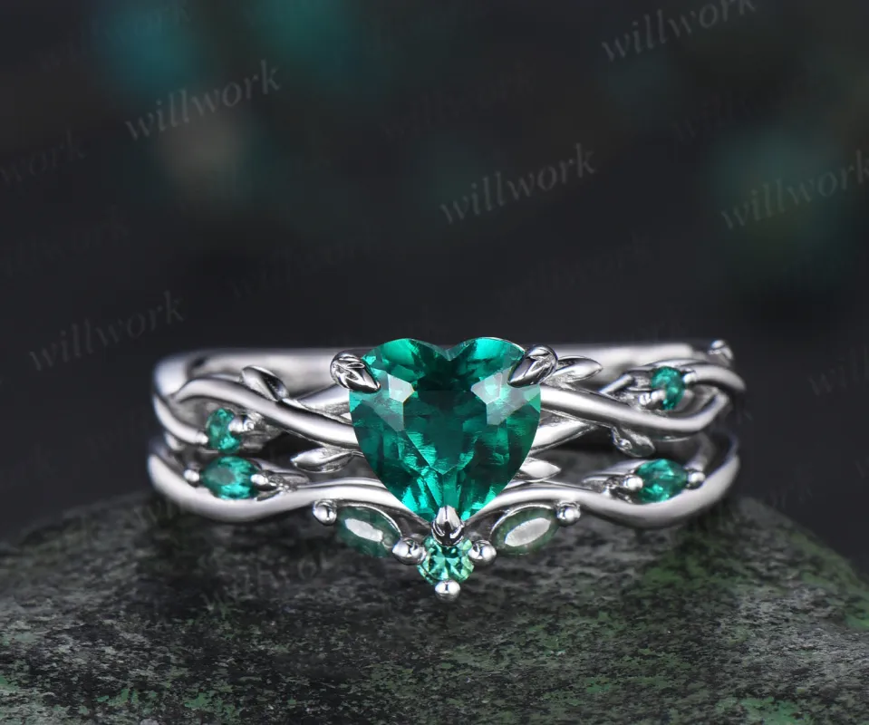 1ct heart cut emerald engagement ring set 14k white gold leaf branch moss agate ring women unique anniversary gift sold by Willwork Jewelry