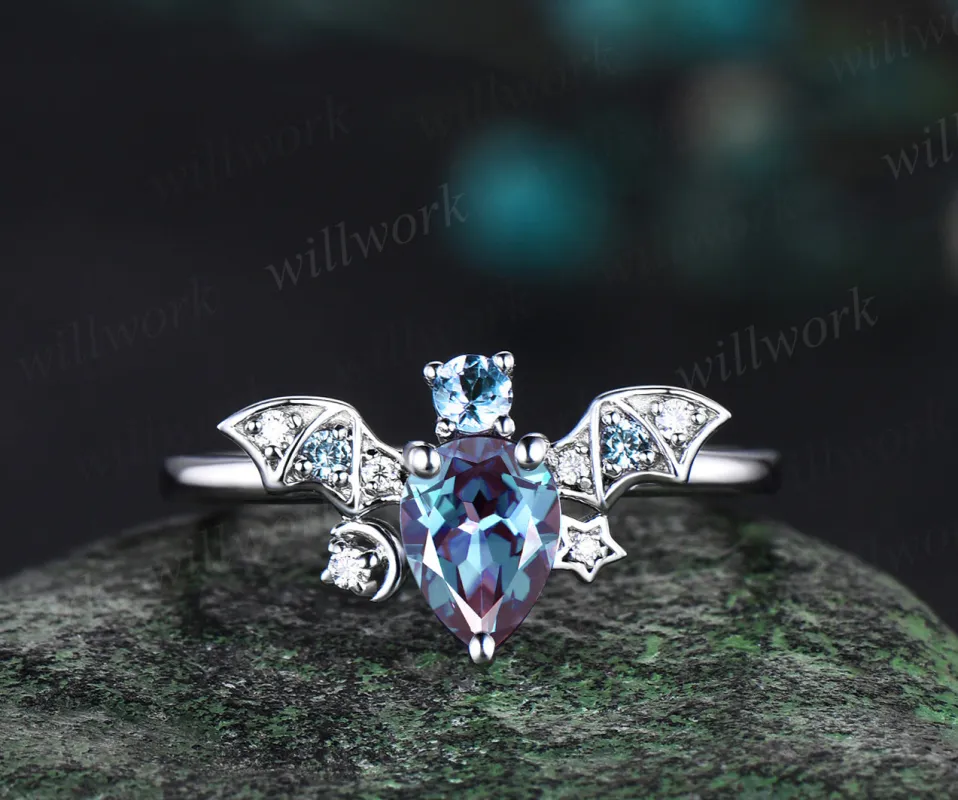 Pear alexandrite ring vintage 14k white gold moon star bat unique engagement ring women wing diamond anniversary ring gift made by Willwork Jewelry