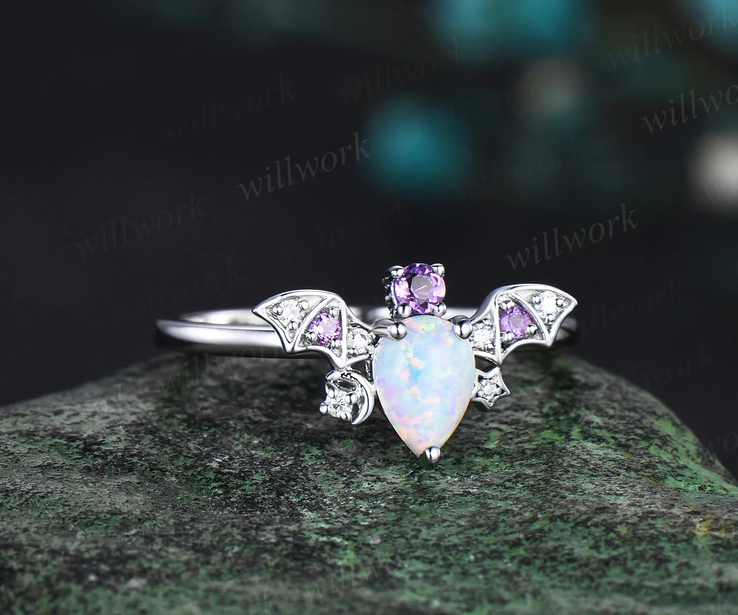 Pear opal ring vintage amethyst ring 14k white gold moon star bat unique engagement ring women wing diamond anniversary ring gift sold by Willwork Jewelry product image thumbnail 2