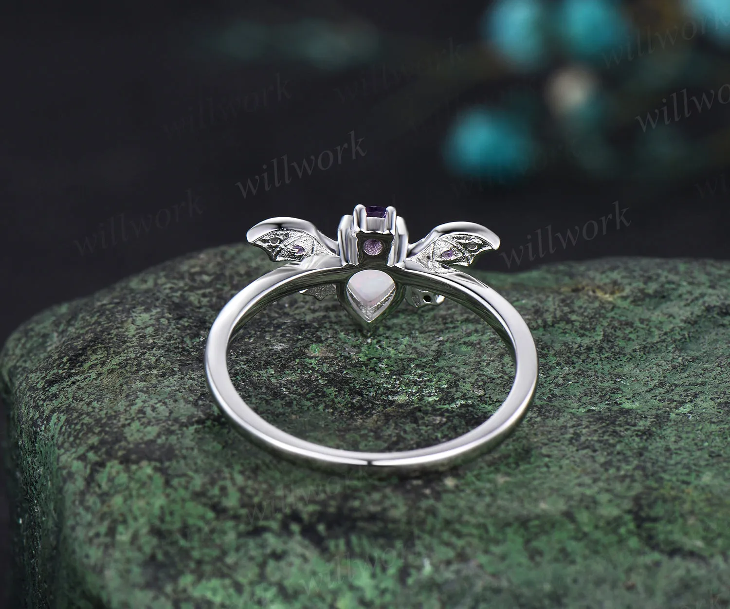 Pear opal ring vintage amethyst ring 14k white gold moon star bat unique engagement ring women wing diamond anniversary ring gift sold by Willwork Jewelry product image thumbnail 3