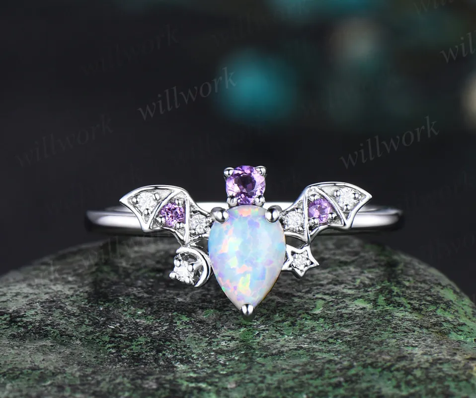 Pear opal ring vintage amethyst ring 14k white gold moon star bat unique engagement ring women wing diamond anniversary ring gift sold by Willwork Jewelry