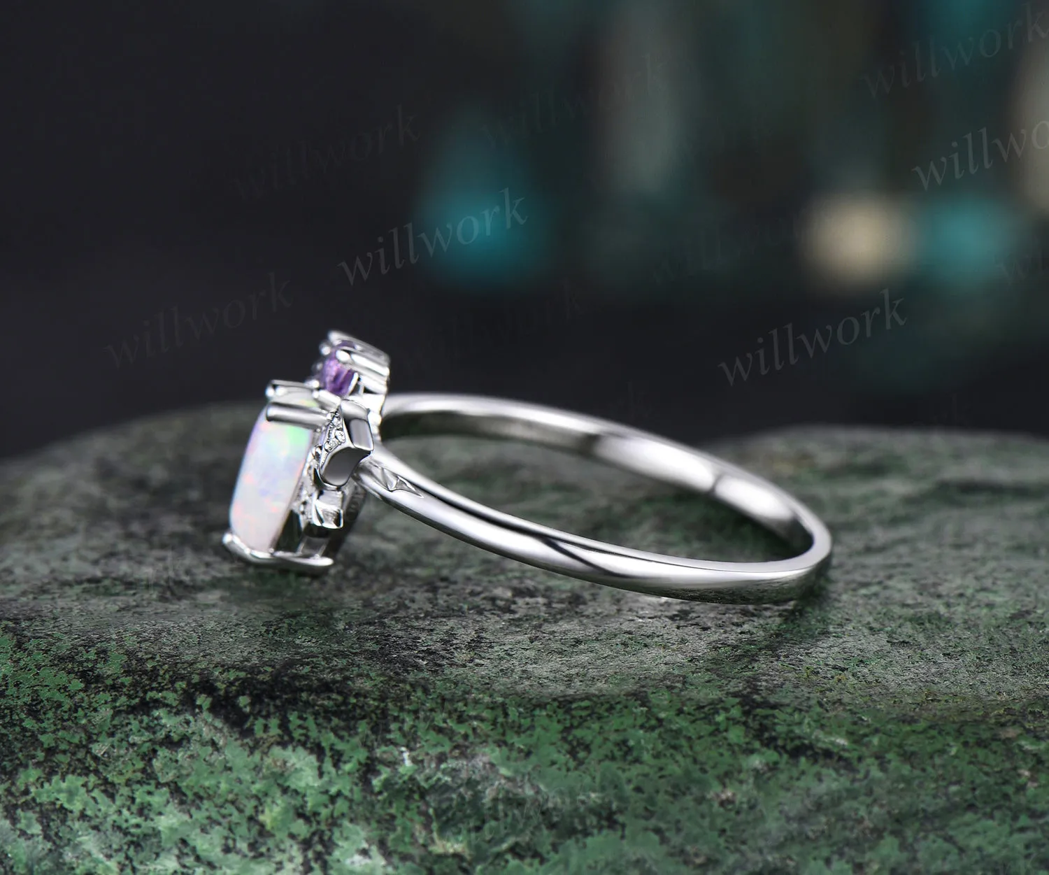 Pear opal ring vintage amethyst ring 14k white gold moon star bat unique engagement ring women wing diamond anniversary ring gift sold by Willwork Jewelry product image thumbnail 5