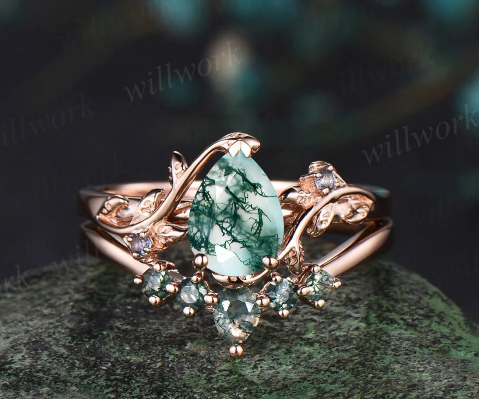 Vintage pear moss agate engagement ring 14k rose gold cluster leaf nature inspired bridal promise wedding ring set women sold by Willwork Jewelry