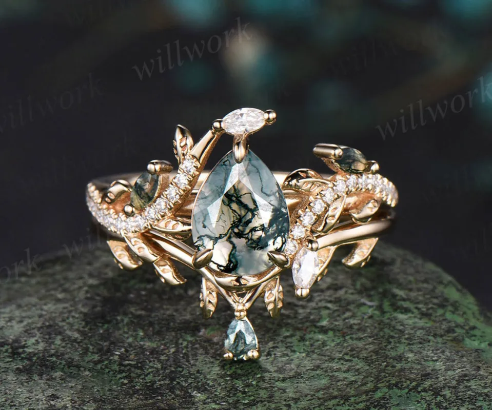 Pear Cut Natural Green Moss Agate Engagement Ring Set Moissanite Leaf Nature Inspired Ring Art Deco 14k yellow Gold 2pcs Bridal Ring Set Women sold by Willwork Jewelry