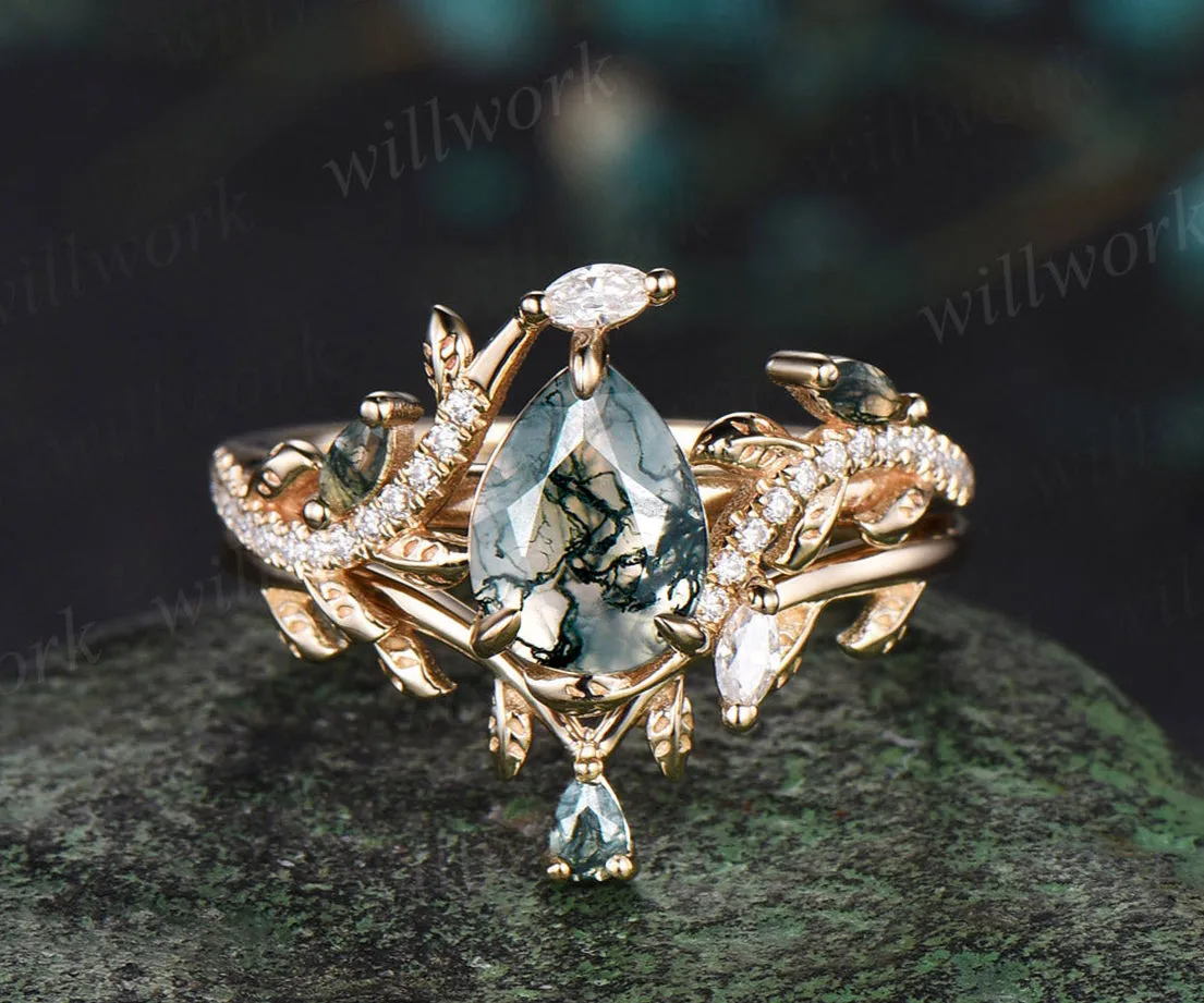 Pear Cut Natural Green Moss Agate Engagement Ring Set Moissanite Leaf Nature Inspired Ring Art Deco 14k yellow Gold 2pcs Bridal Ring Set Women sold by Willwork Jewelry