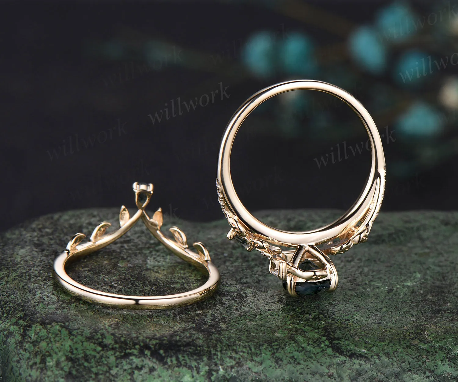 Pear Cut Natural Green Moss Agate Engagement Ring Set Moissanite Leaf Nature Inspired Ring Art Deco 14k yellow Gold 2pcs Bridal Ring Set Women sold by Willwork Jewelry product image thumbnail 4