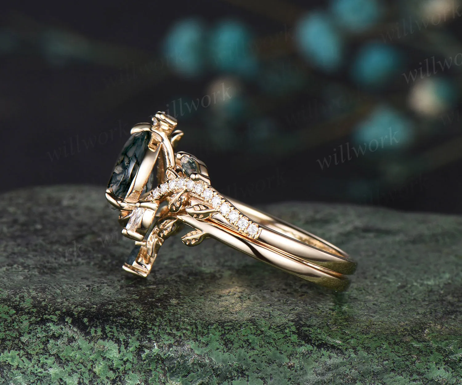 Pear Cut Natural Green Moss Agate Engagement Ring Set Moissanite Leaf Nature Inspired Ring Art Deco 14k yellow Gold 2pcs Bridal Ring Set Women sold by Willwork Jewelry product image thumbnail 5