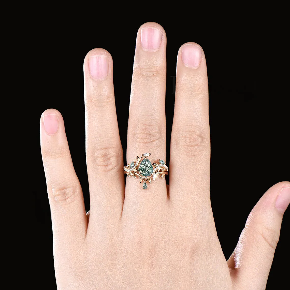 Pear Cut Natural Green Moss Agate Engagement Ring Set Moissanite Leaf Nature Inspired Ring Art Deco 14k yellow Gold 2pcs Bridal Ring Set Women sold by Willwork Jewelry product image thumbnail 3