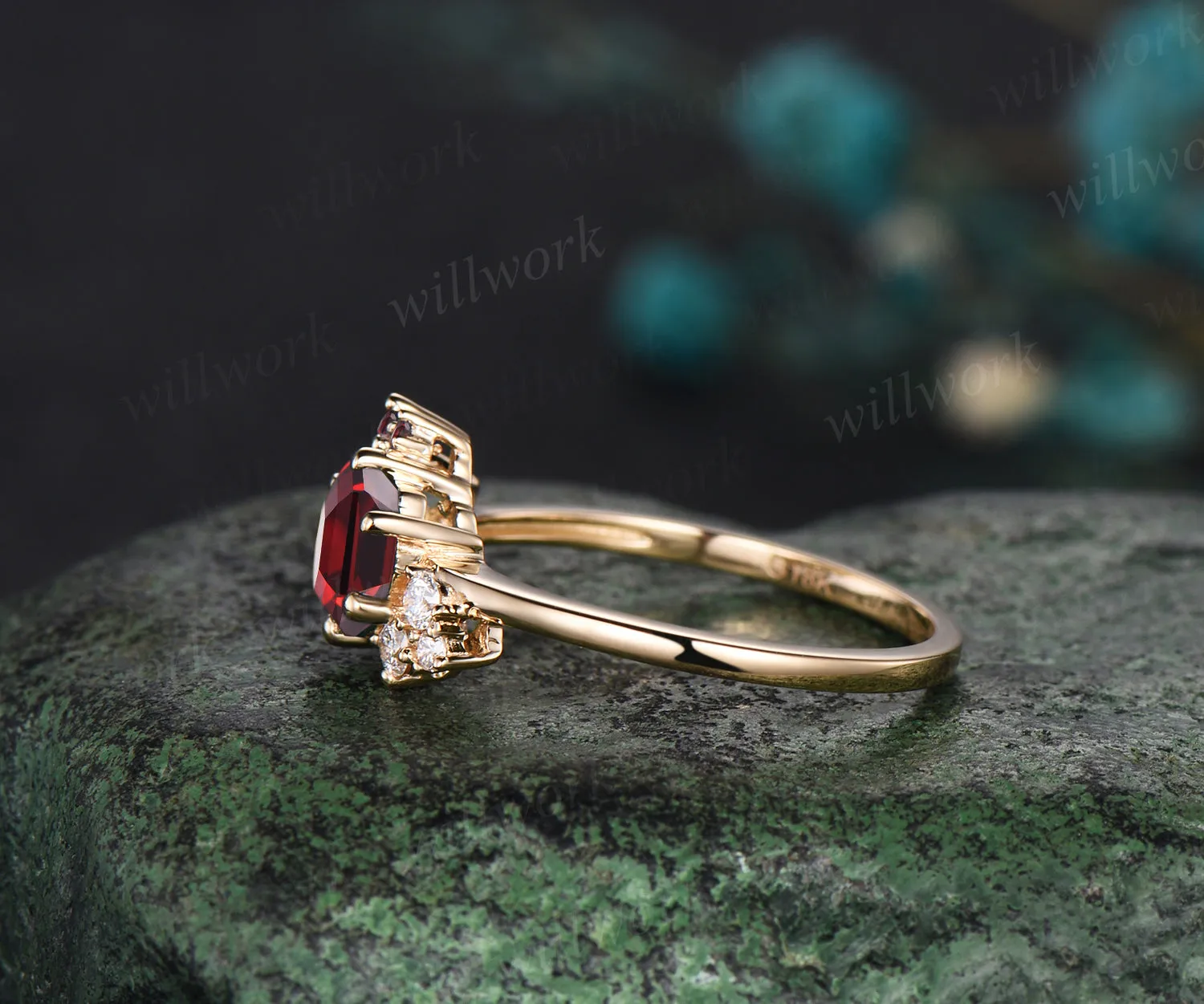 Hexagon cut red ruby engagement ring cluster diamond ring 14k yellow gold unique wedding ring sold by Willwork Jewelry product image thumbnail 4