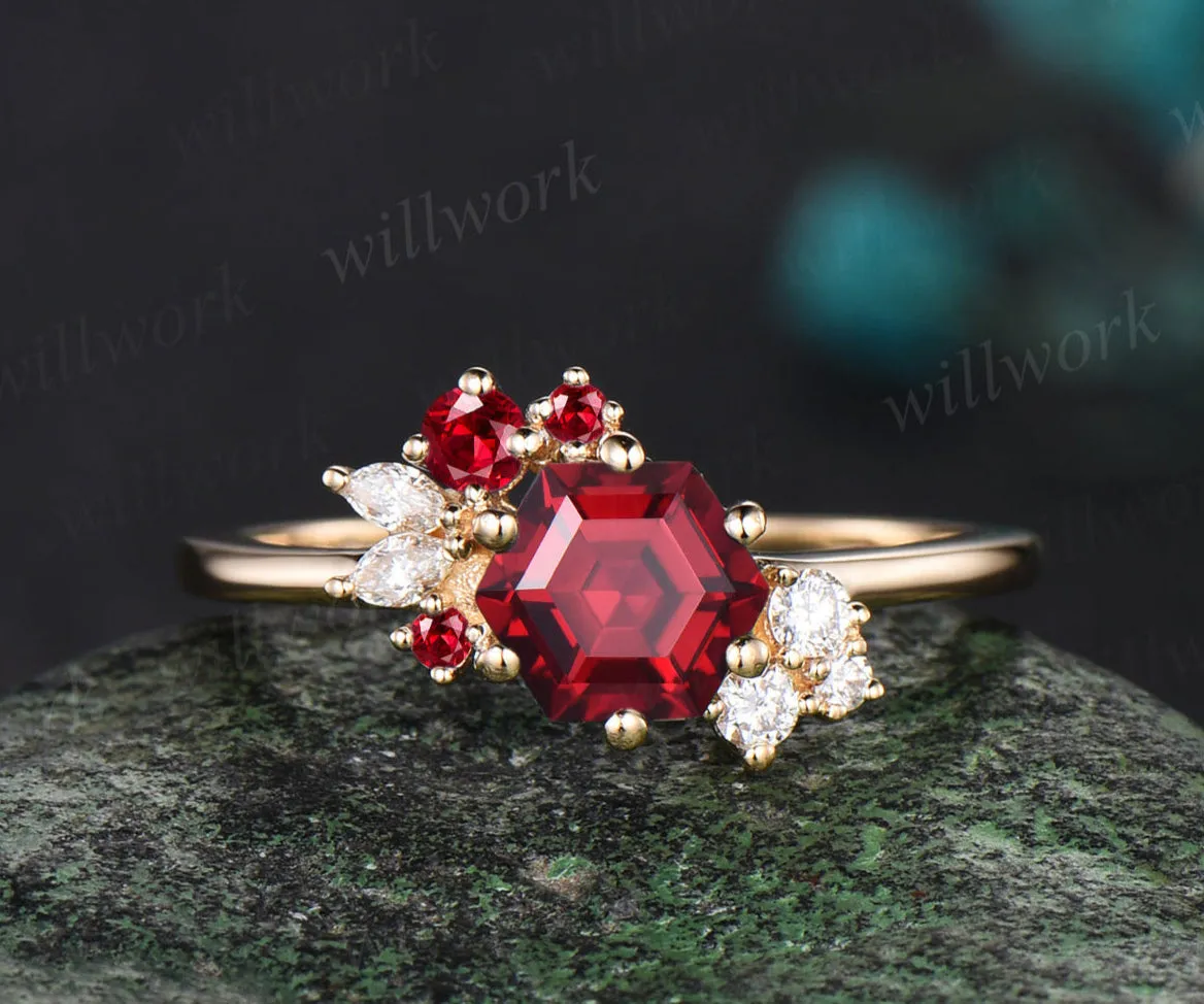 Hexagon cut red ruby engagement ring cluster diamond ring 14k yellow gold unique wedding ring sold by Willwork Jewelry