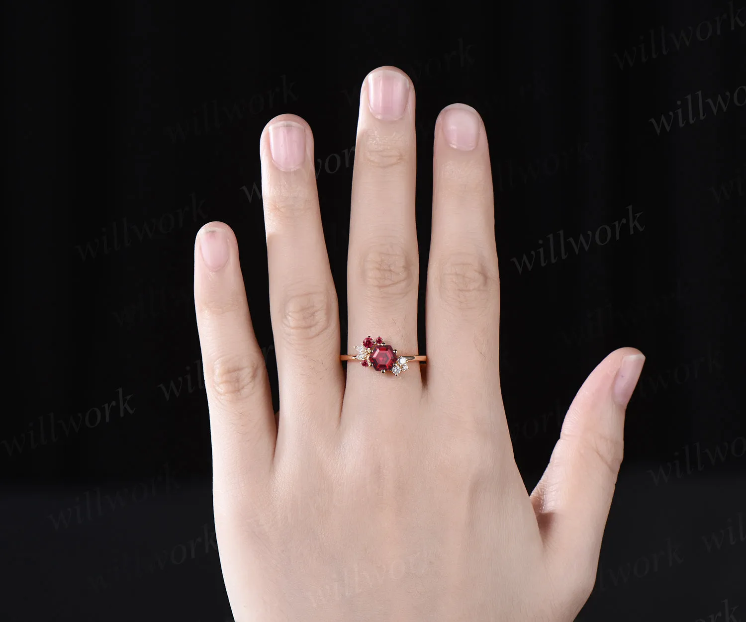 Hexagon cut red ruby engagement ring cluster diamond ring 14k yellow gold unique wedding ring sold by Willwork Jewelry product image thumbnail 3