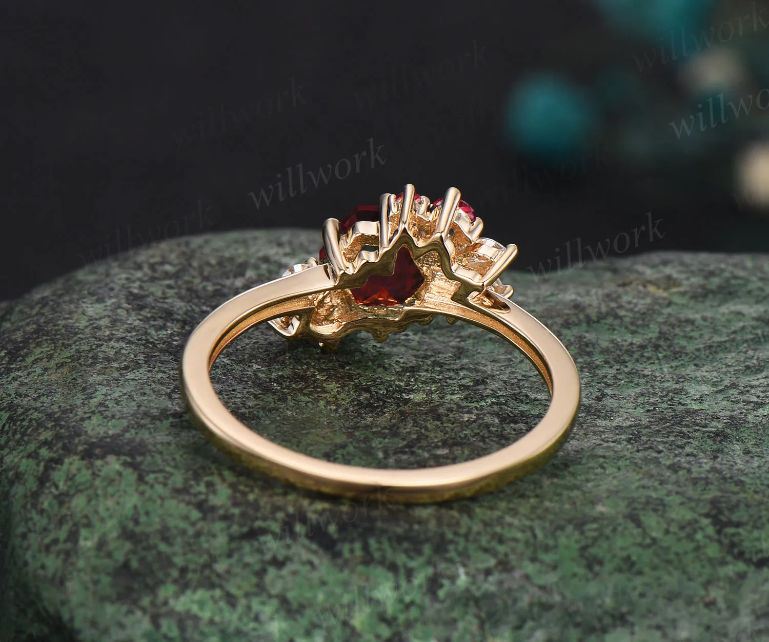 Hexagon cut red ruby engagement ring cluster diamond ring 14k yellow gold unique wedding ring sold by Willwork Jewelry product image thumbnail 5