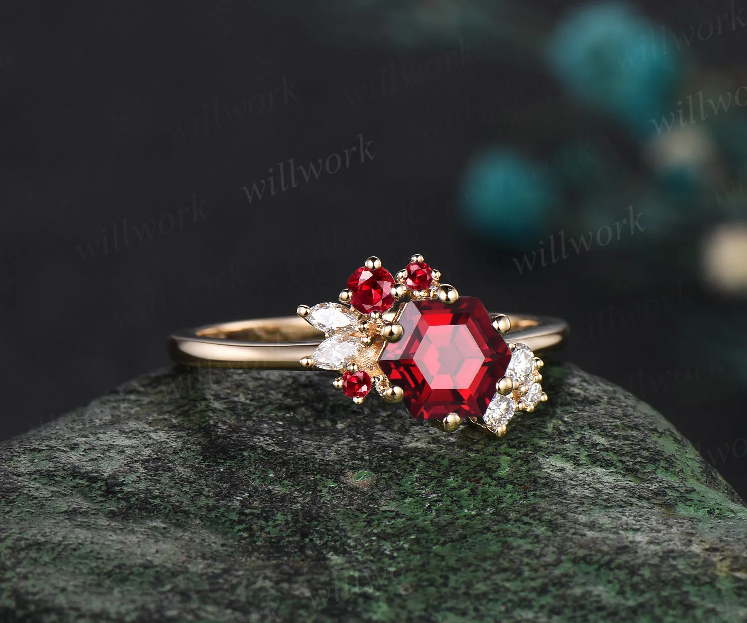 Hexagon cut red ruby engagement ring cluster diamond ring 14k yellow gold unique wedding ring sold by Willwork Jewelry product image thumbnail 2
