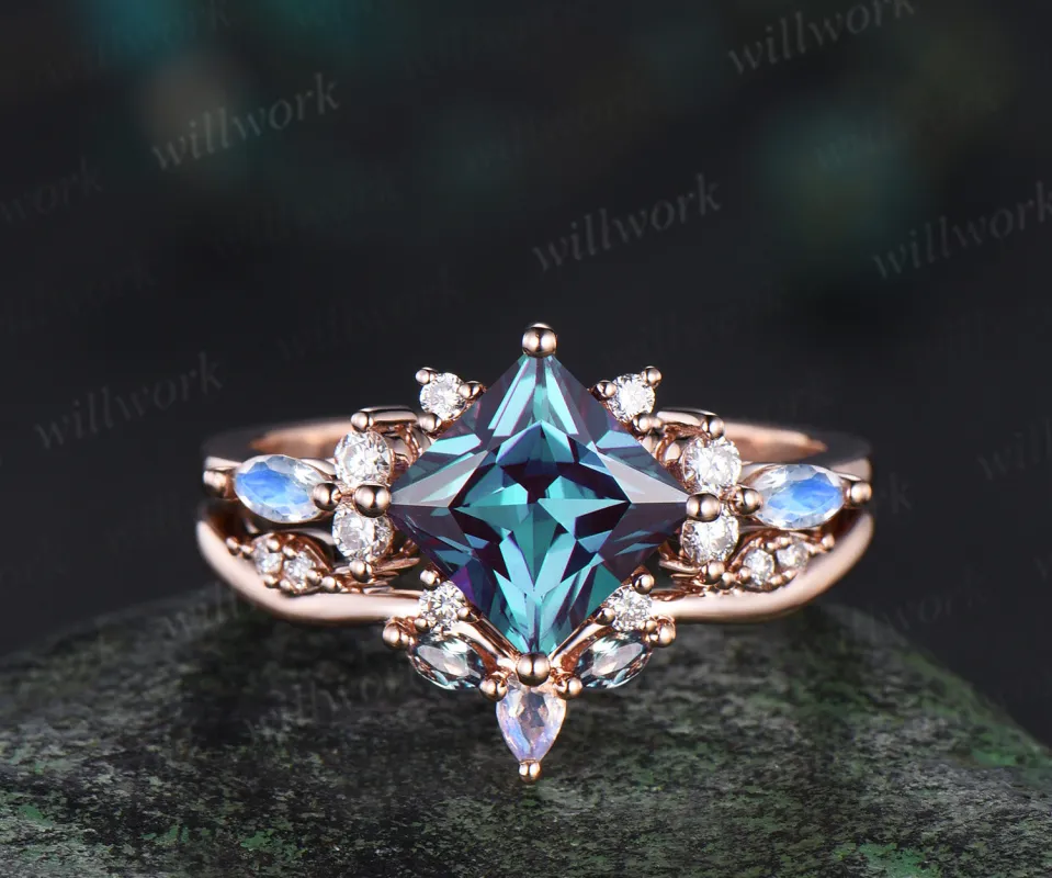Pincess cut alexandrite engagement ring set cluster moonstone diamond rose gold ring women stacking wedding ring set sold by Willwork Jewelry