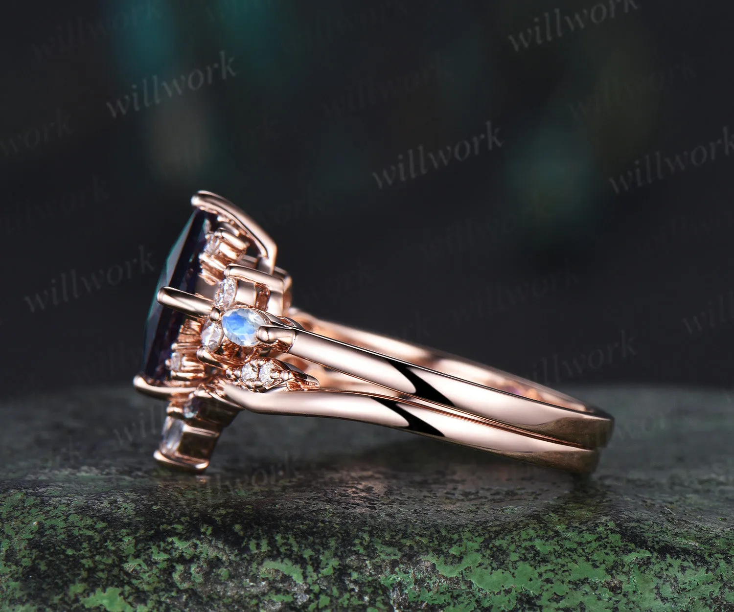 Pincess cut alexandrite engagement ring set cluster moonstone diamond rose gold ring women stacking wedding ring set sold by Willwork Jewelry product image thumbnail 5