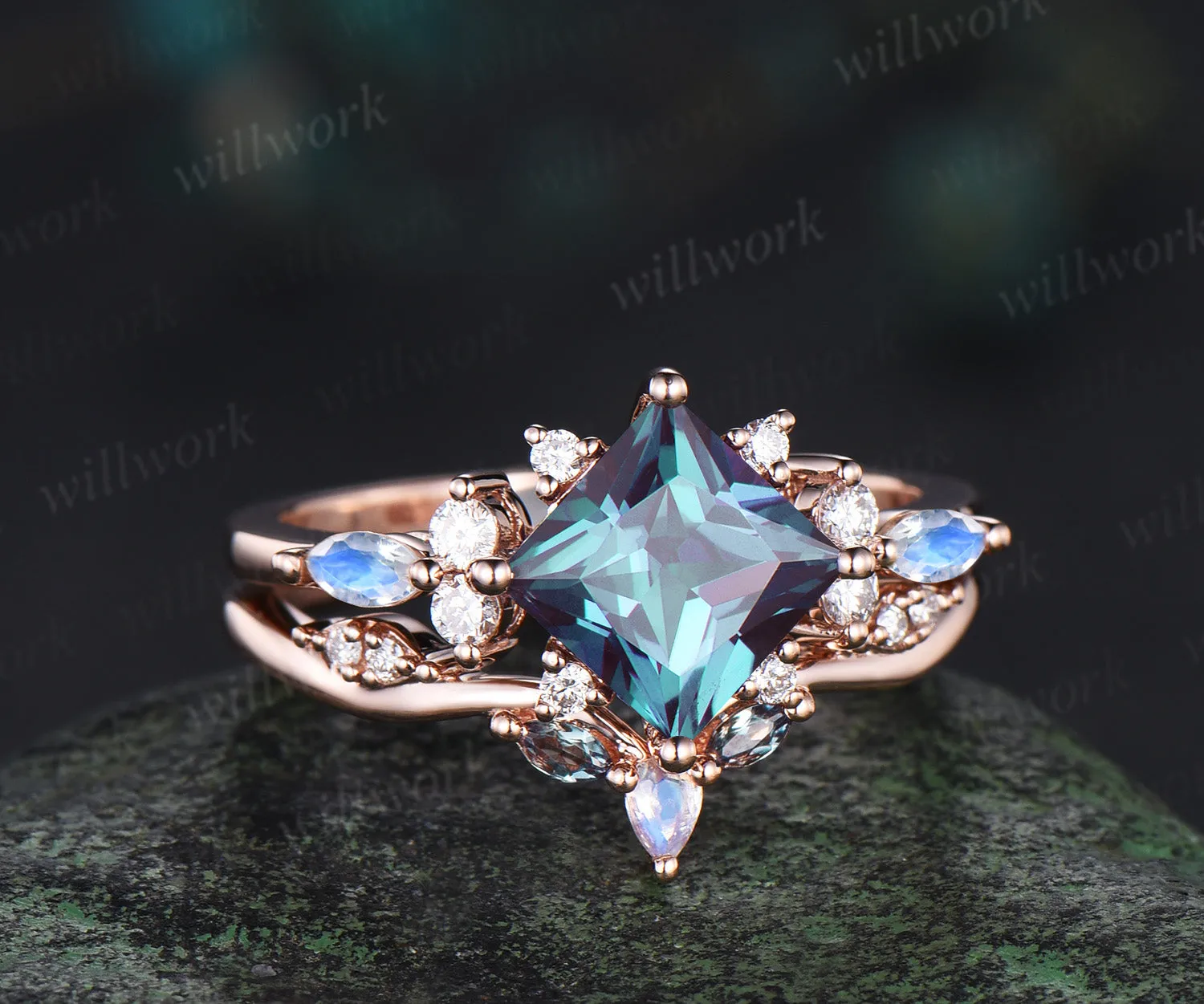 Pincess cut alexandrite engagement ring set cluster moonstone diamond rose gold ring women stacking wedding ring set sold by Willwork Jewelry product image thumbnail 2