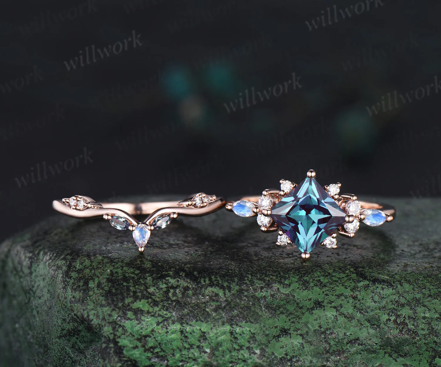 Pincess cut alexandrite engagement ring set cluster moonstone diamond rose gold ring women stacking wedding ring set sold by Willwork Jewelry product image thumbnail 3
