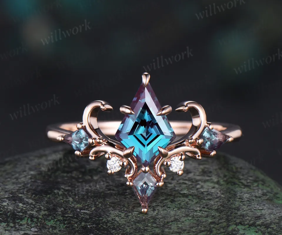 Vintage alexandrite engagement ring kite cut 14k rose gold cluster moissanite wedding ring for women color change stone promise ring gift sold by Willwork Jewelry