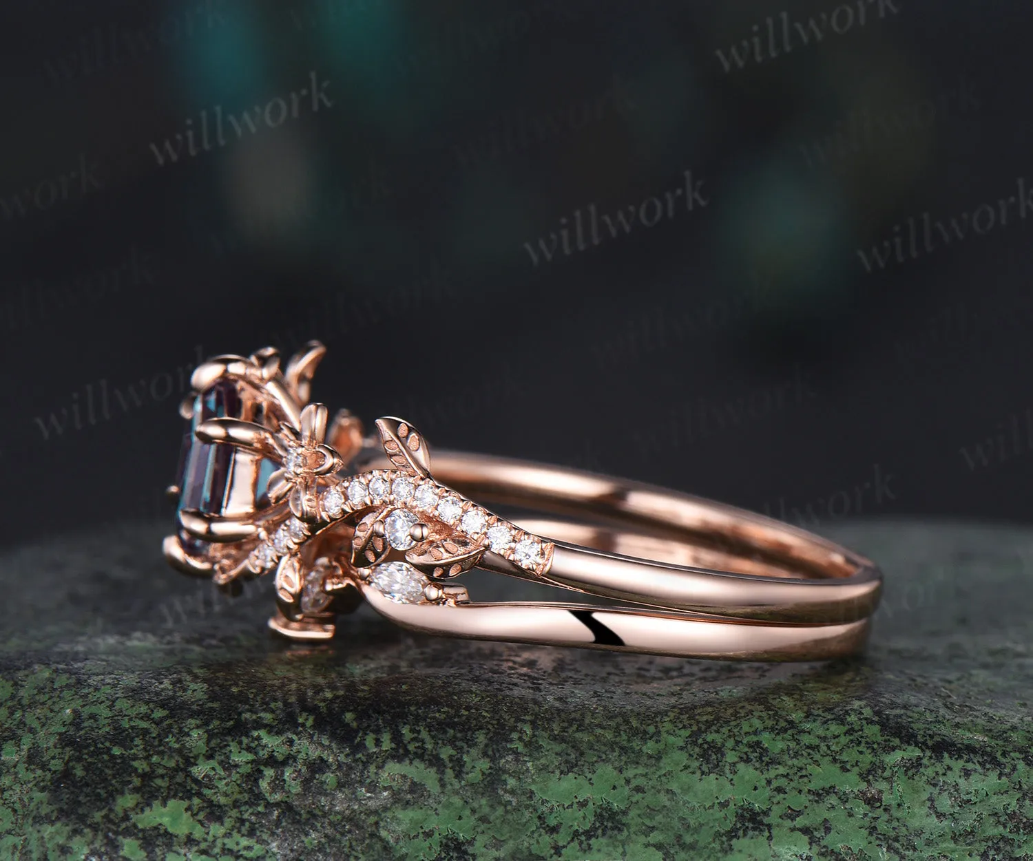 Hexagon cut alexandrite engagement ring set vintage floral diamond ring women 14k rose gold retro branch leaf bridal ring set sold by Willwork Jewelry product image thumbnail 4