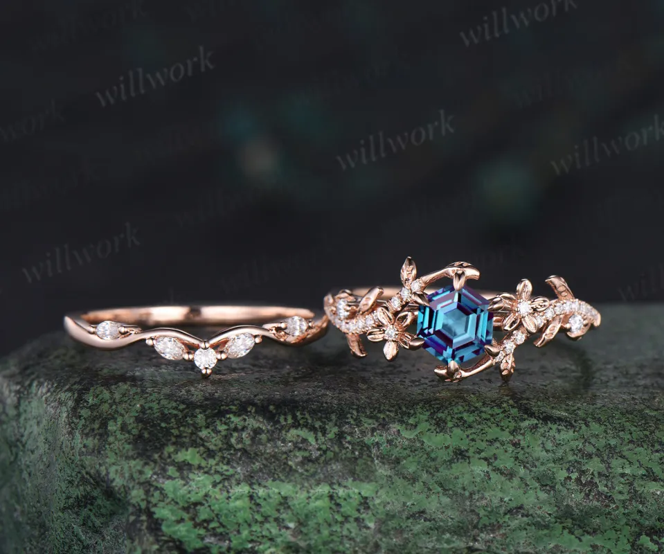 Hexagon cut alexandrite engagement ring set vintage floral diamond ring women 14k rose gold retro branch leaf bridal ring set sold by Willwork Jewelry
