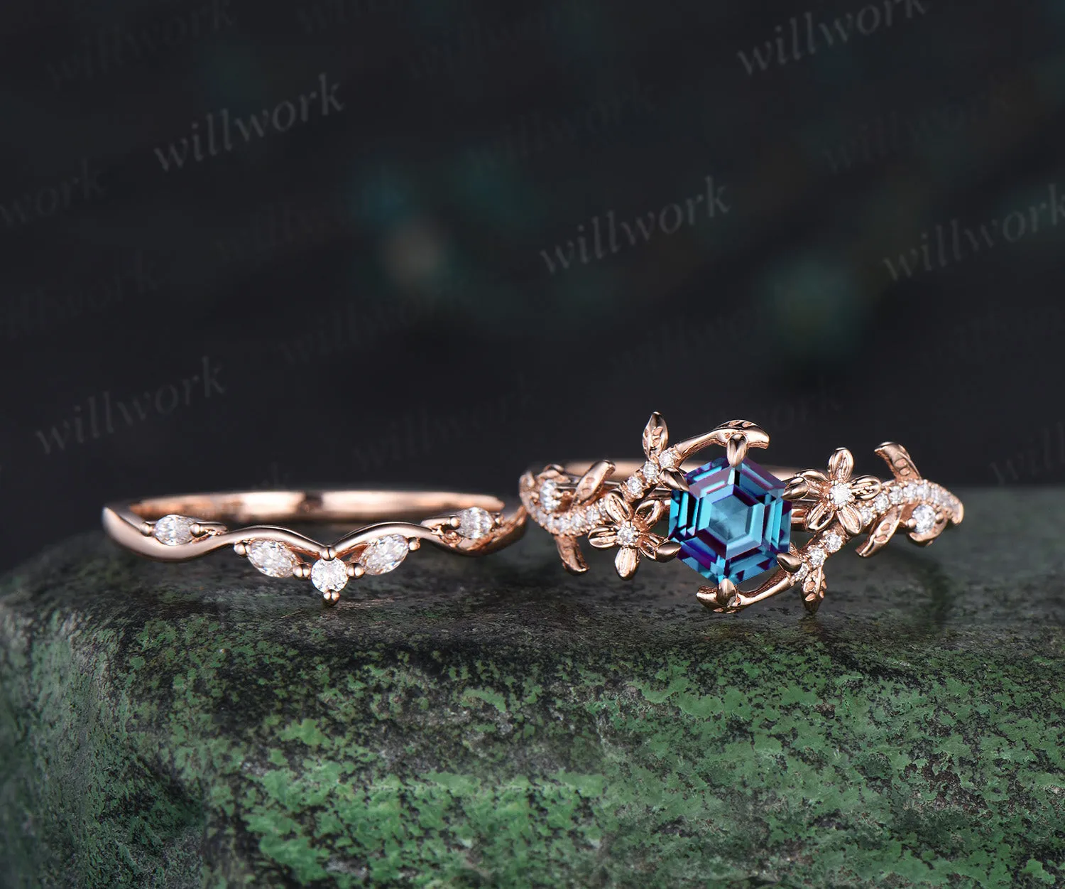 Hexagon cut alexandrite engagement ring set vintage floral diamond ring women 14k rose gold retro branch leaf bridal ring set sold by Willwork Jewelry