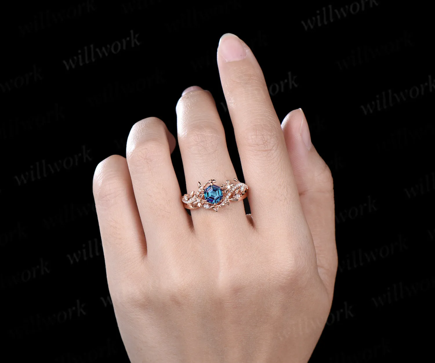 Hexagon cut alexandrite engagement ring set vintage floral diamond ring women 14k rose gold retro branch leaf bridal ring set sold by Willwork Jewelry product image thumbnail 3