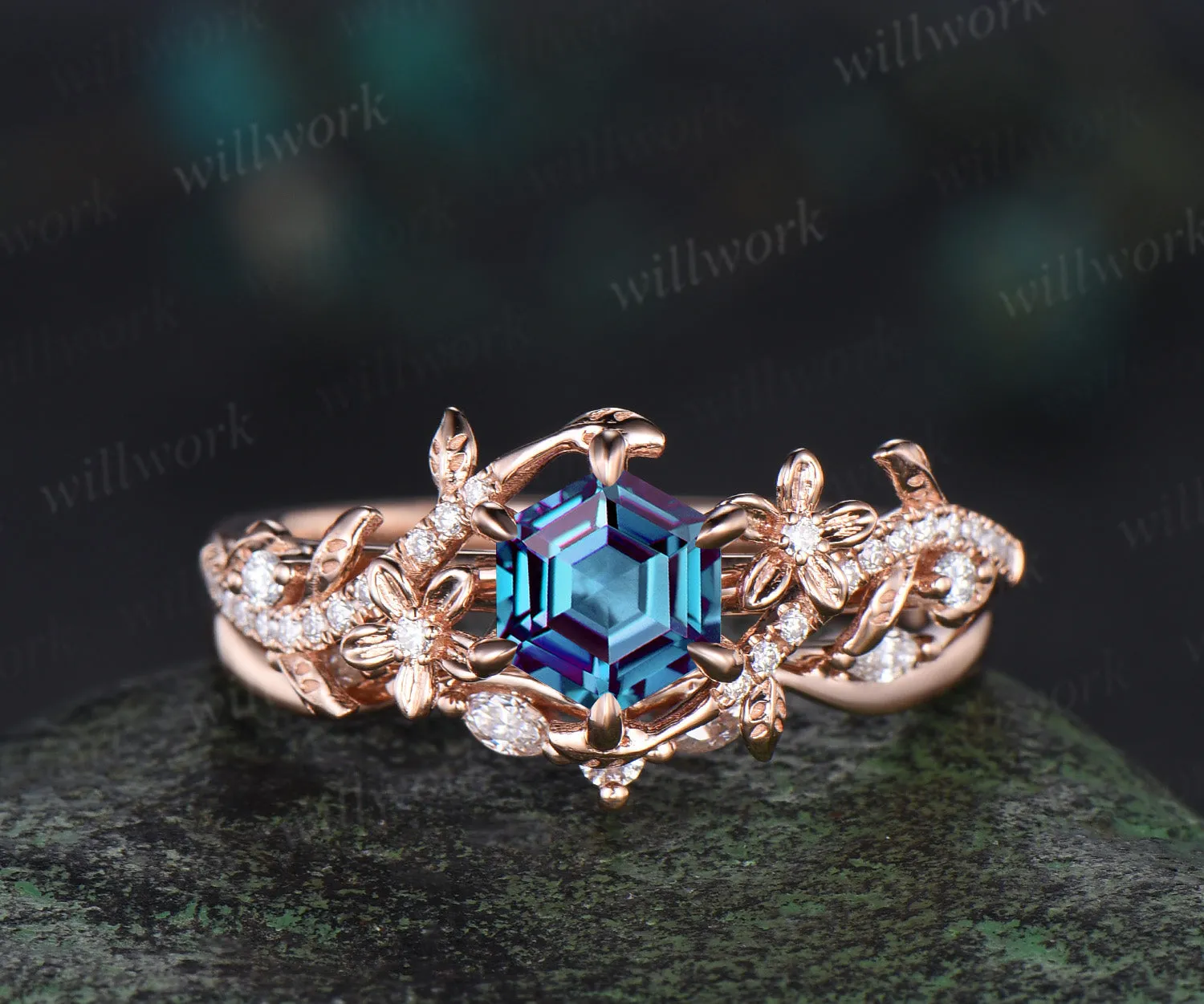 Hexagon cut alexandrite engagement ring set vintage floral diamond ring women 14k rose gold retro branch leaf bridal ring set sold by Willwork Jewelry product image thumbnail 2