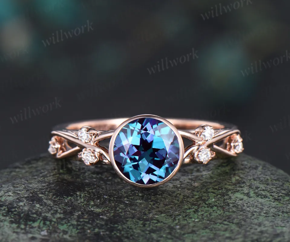 1ct round cut alexandrite bezel engagement ring split shank infinity diamond ring women unique promise ring sold by Willwork Jewelry
