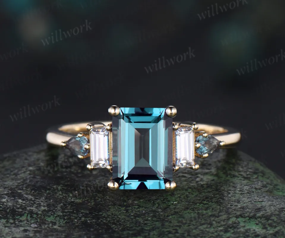Emerald cut alexandrite Engagement Ring 14k yellow gold Baguette cut Moissanite Five Stone Ring women sold by Willwork Jewelry