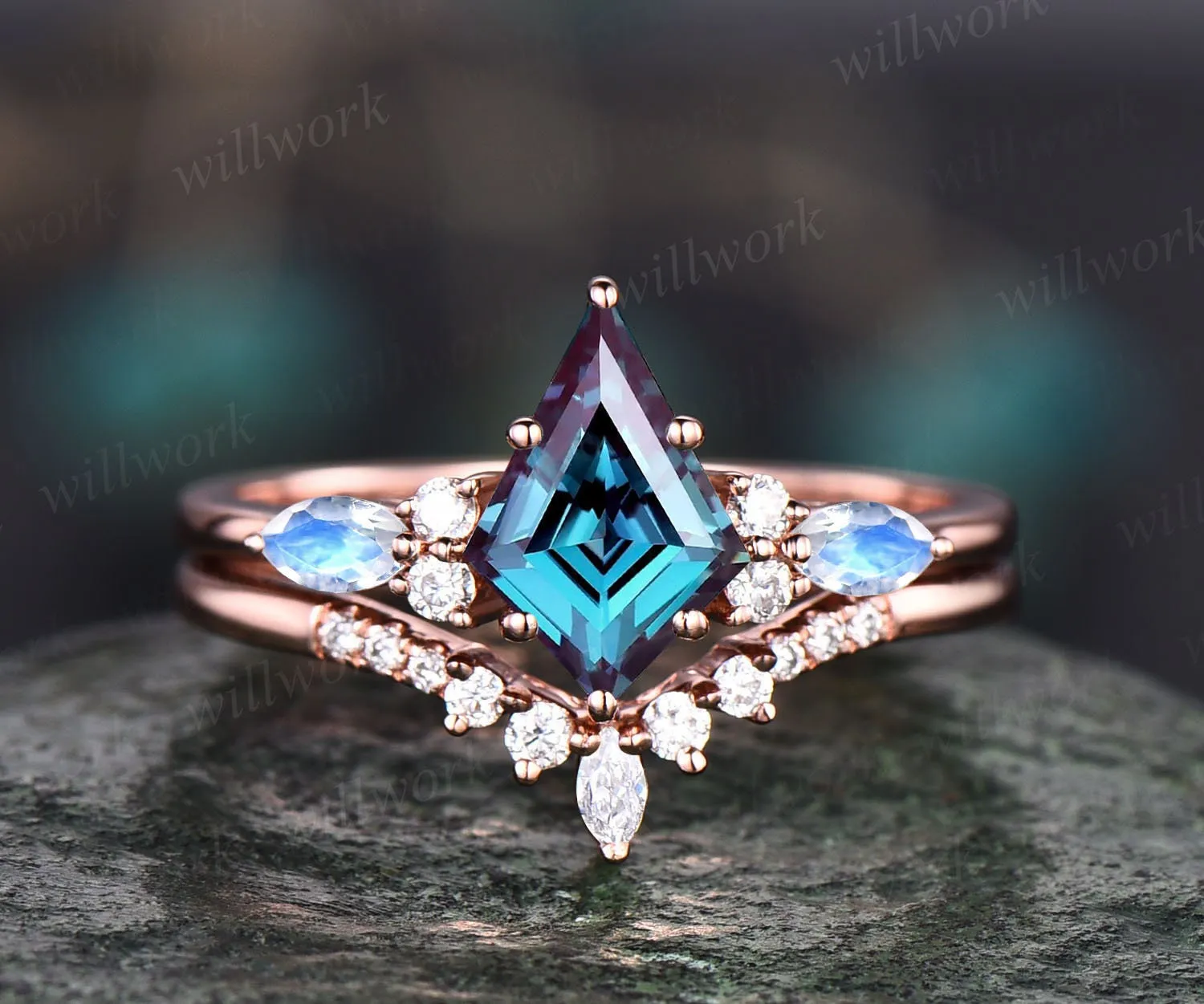 READY TO SHIP: Kite Alexandrite Engagement Ring Set -- Silver Gold Plated -- Ring Size: 5 US sold by Willwork Jewelry