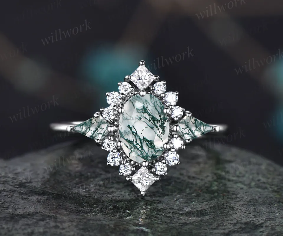 READY TO SHIP: Oval Moss Agate Engagement Ring -- Sterling Silver -- Ring Size: 6.5 US sold by Willwork Jewelry