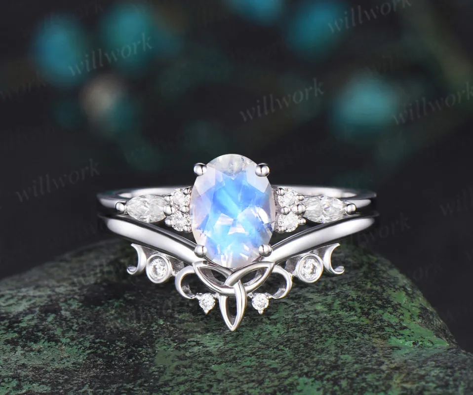 READY TO SHIP: Oval Moonstone Engagement Ring Set - 10k White Gold - Ring Size: 9 US sold by Willwork Jewelry