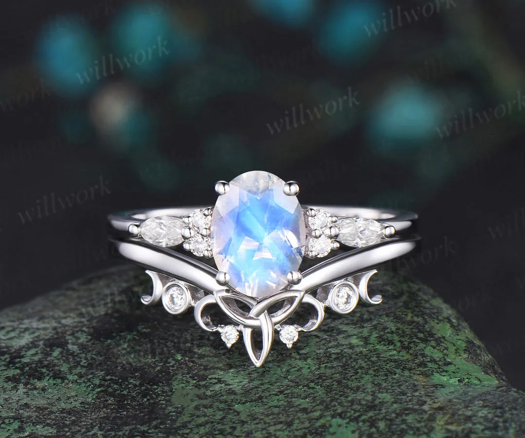READY TO SHIP: Oval Moonstone Engagement Ring Set - 10k White Gold - Ring Size: 9 US sold by Willwork Jewelry