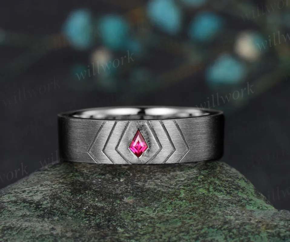 READY TO SHIP: Kite Red Ruby Men Engagement Ring -- Silver Black Plated -- Ring Size:9.5 US made by Willwork Jewelry