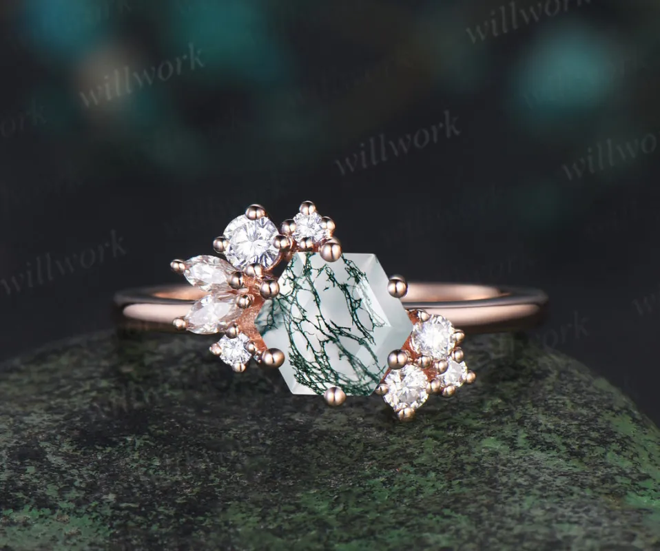 READY TO SHIP: Hexagon Moss Agate Engagement Ring - Silver Rose Plated - Ring Size: 6 US sold by Willwork Jewelry