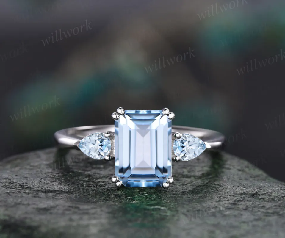 READY TO SHIP: Emerald Cut Aquamarine Engagement Ring - Sterling Silver - Ring Size: 9 US made by Willwork Jewelry