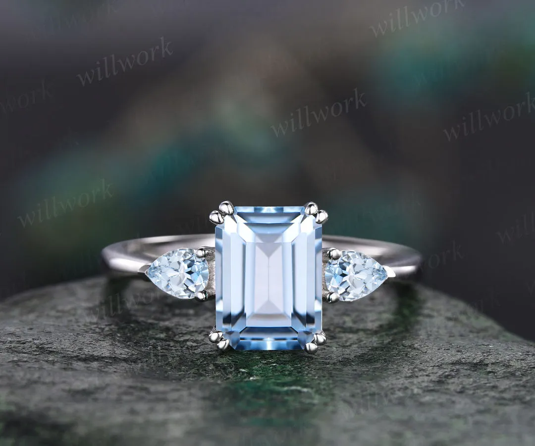 READY TO SHIP: Emerald Cut Aquamarine Engagement Ring - Sterling Silver - Ring Size: 9 US sold by Willwork Jewelry