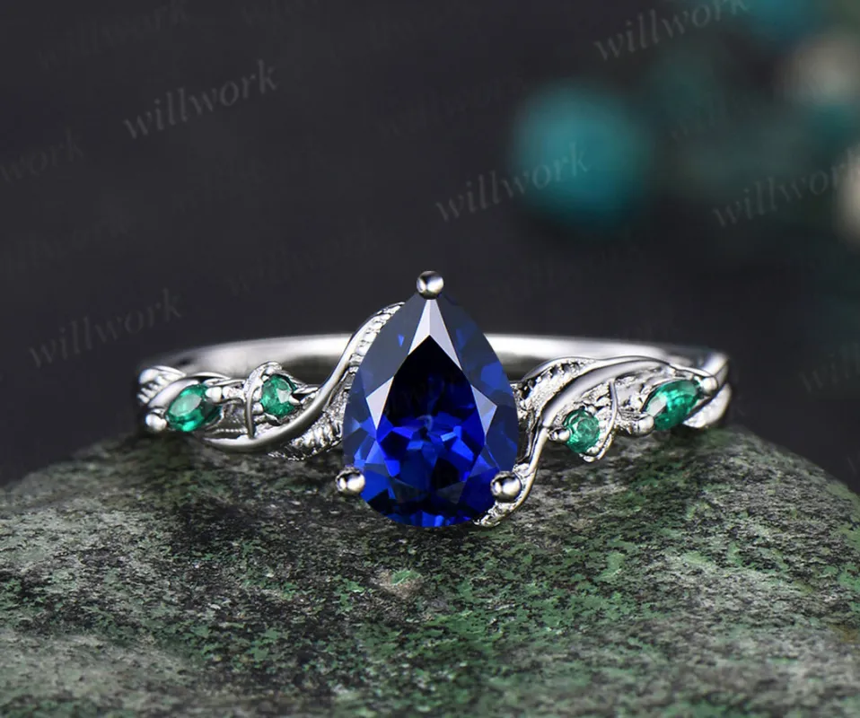 READY TO SHIP: Pear Cut Lab Sapphire Engagement Ring - Sterling Silver - Ring Size: 6.75 US sold by Willwork Jewelry