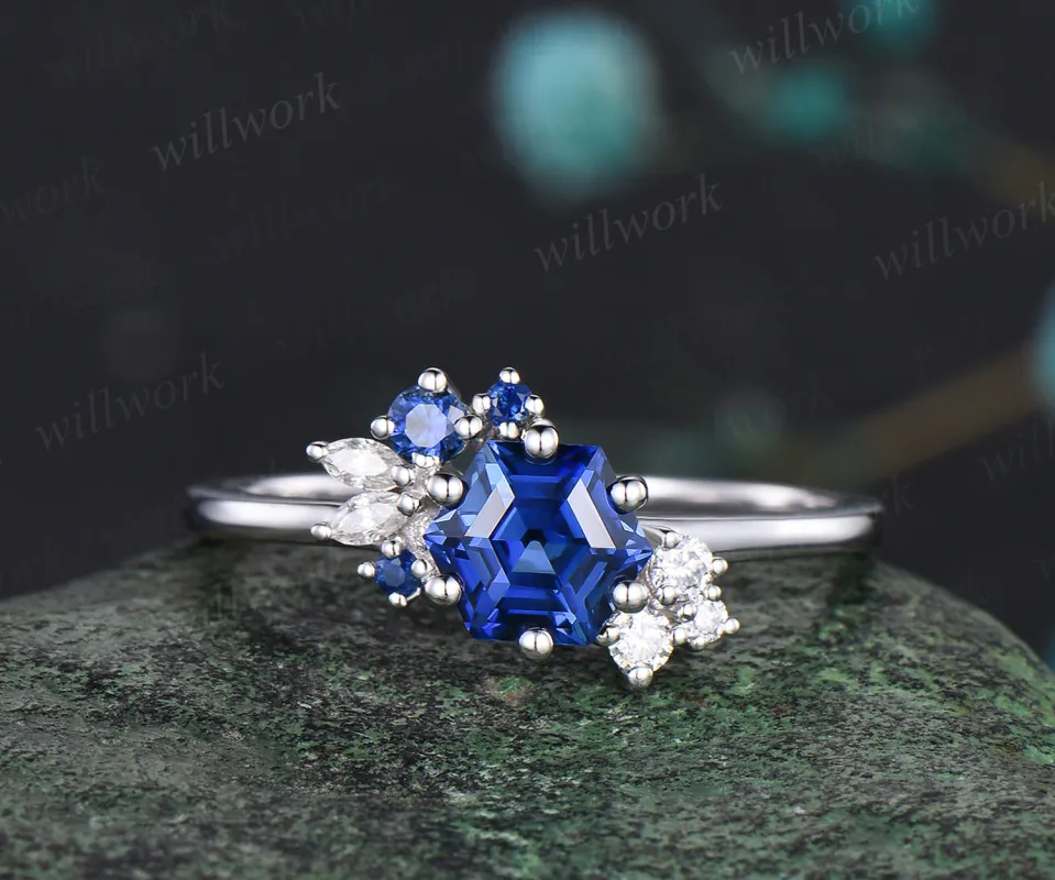 READY TO SHIP: Hexagon Blue Sapphire Engagement Ring - Sterling Silver - Ring Size: 6.75) sold by Willwork Jewelry