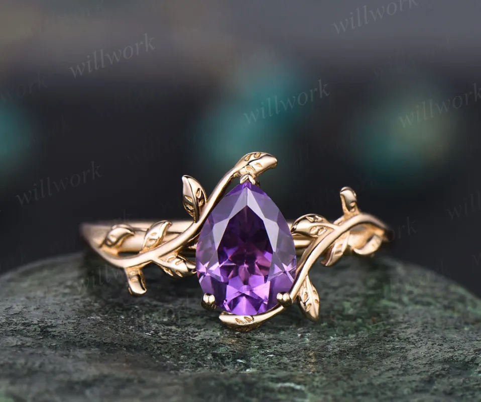 READY TO SHIP: Pear Amethyst Engagement Ring - 14k Yellow Gold - Ring Size: 7 US sold by Willwork Jewelry