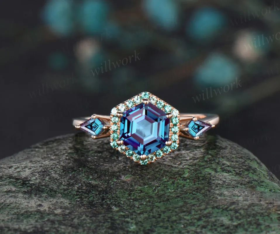 READY TO SHIP: Hexagon Alexandrite Engagement Ring - Silver Rose Plated - Ring Size: 6.5 US made by Willwork Jewelry