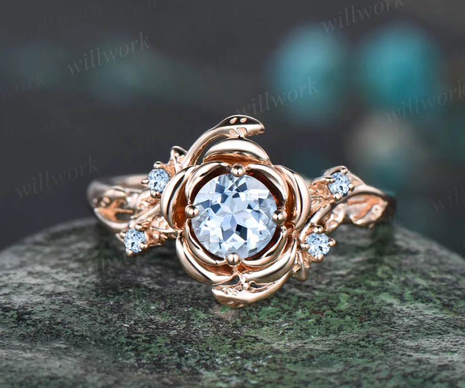 READY TO SHIP: Round Aquamarine Engagement Ring - 10k Rose Gold - Ring Size: 8 US sold by Willwork Jewelry