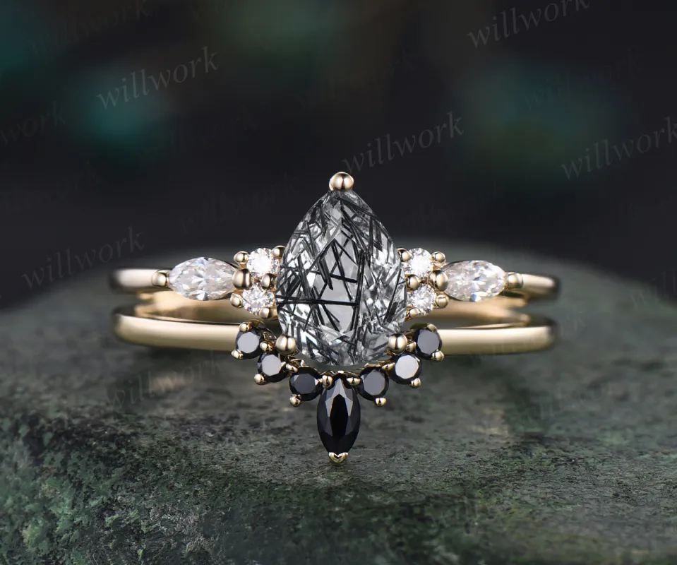 READY TO SHIP: Peardrop Black Rutilated Quartz Engagement Ring Set - Sterling Silver - Ring Size: 6 US made by Willwork Jewelry